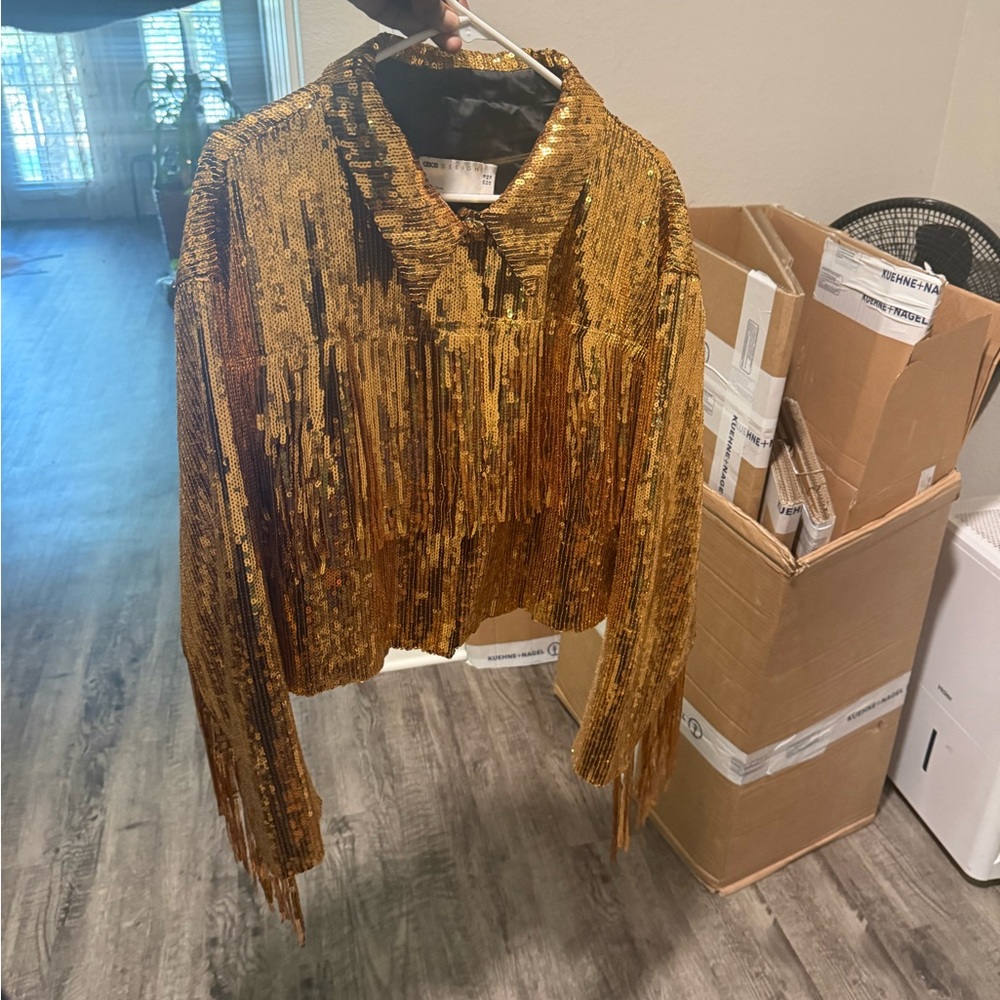 Gold Sequin Fringe Cropped Jacket - Women